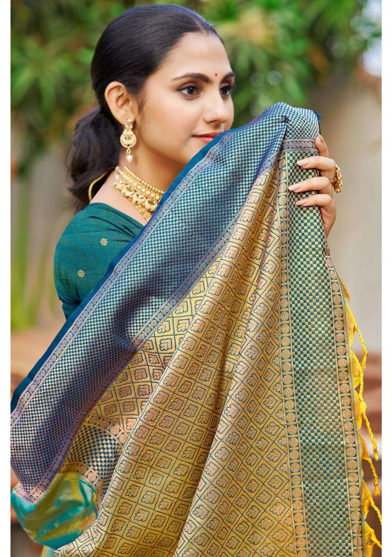 Spring Green Woven Zari Saree with Unstitched Blouse for Women Festive Wear - Indya