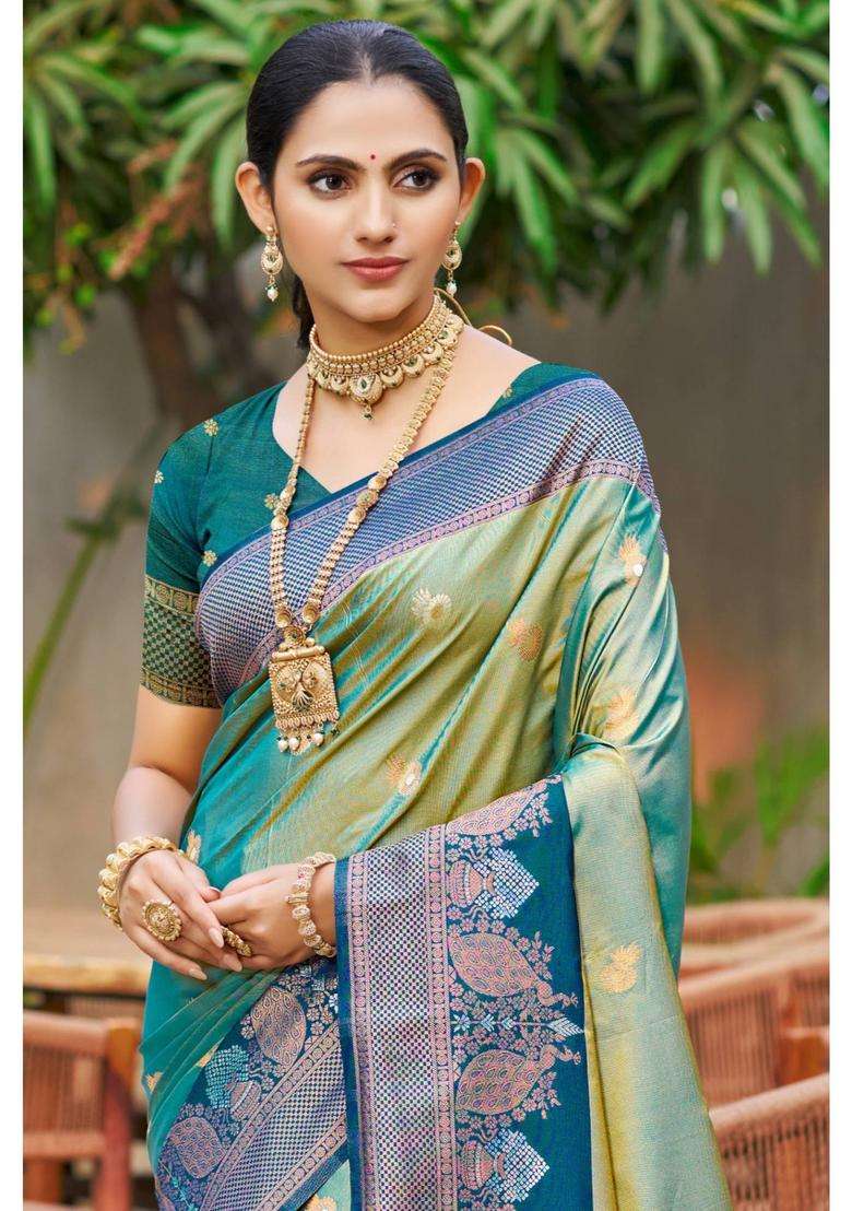 Spring Green Woven Zari Saree with Unstitched Blouse for Women Festive Wear - Indya