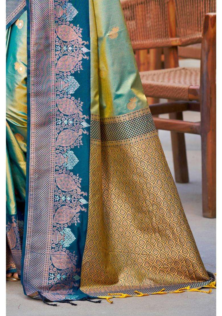 Spring Green Woven Zari Saree with Unstitched Blouse for Women Festive Wear - Indya