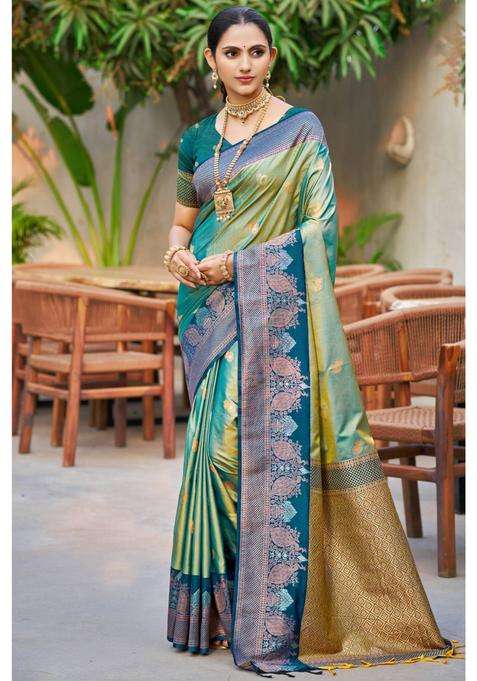 Spring Green Woven Zari Saree with Unstitched Blouse for Women Festive Wear