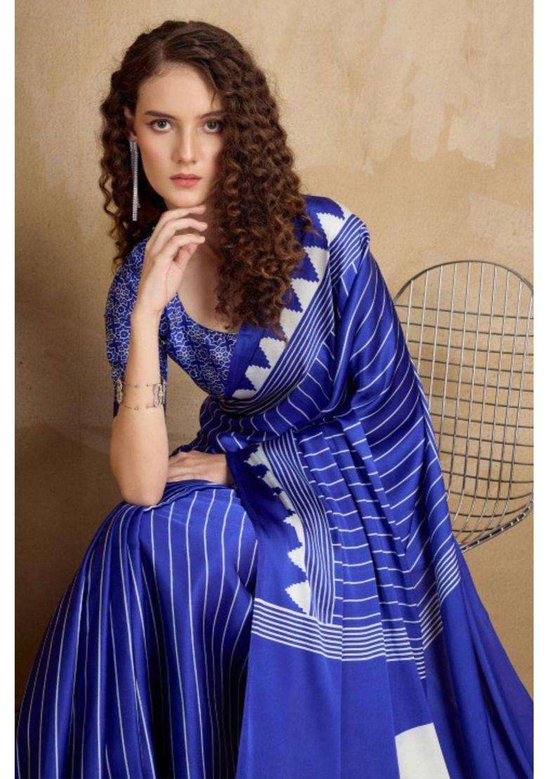 Spruce Blue Ajrakh Printed Satin Crepe Silk Saree with Unstitched Blouse for Women Party Wear - Indya