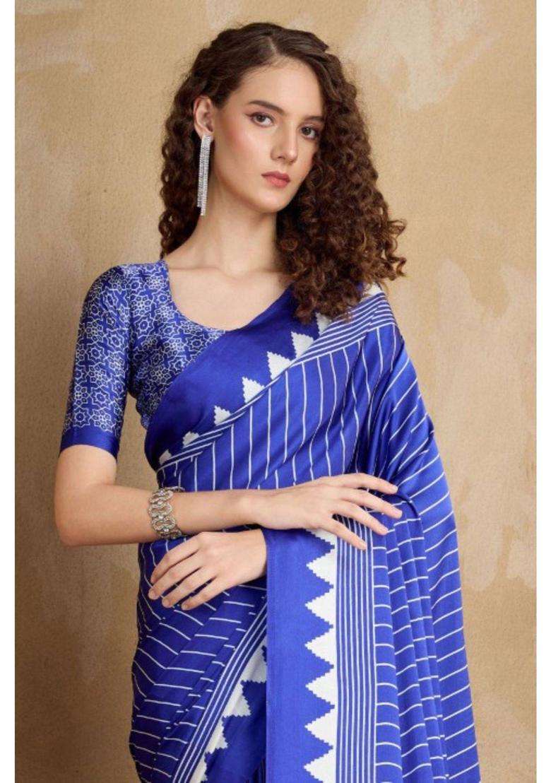 Spruce Blue Ajrakh Printed Satin Crepe Silk Saree with Unstitched Blouse for Women Party Wear - Indya