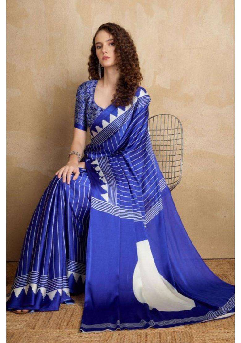 Spruce Blue Ajrakh Printed Satin Crepe Silk Saree with Unstitched Blouse for Women Party Wear - Indya