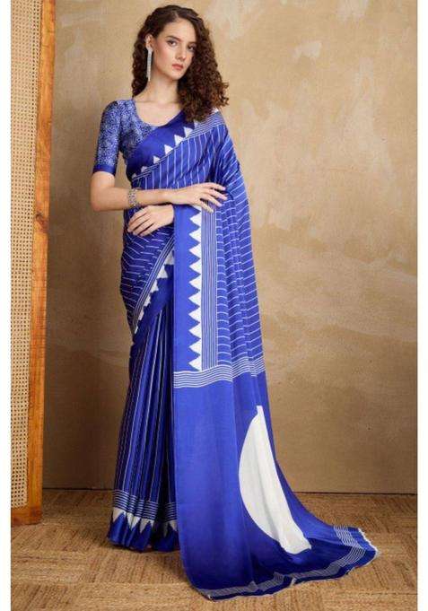Spruce Blue Ajrakh Printed Satin Crepe Silk Saree with Unstitched Blouse for Women Party Wear