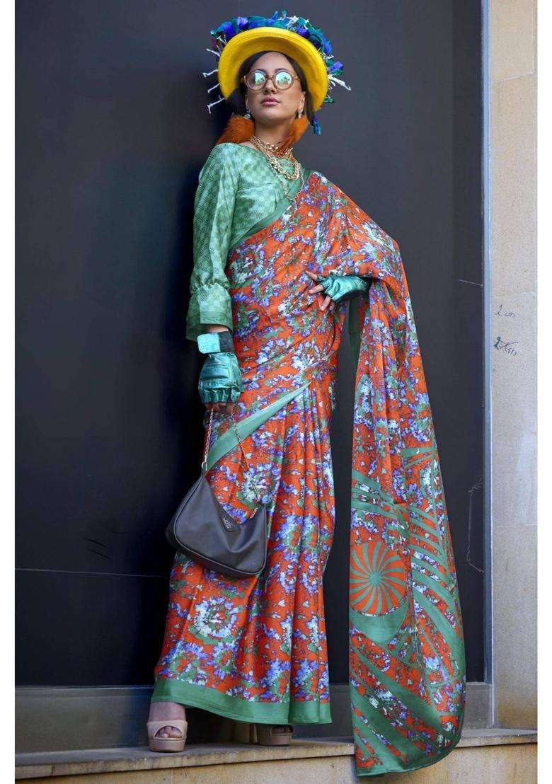 Squach Orange and Green Printed Satin Crepe Silk Saree without Blouse for Women Casual Wear - Indya