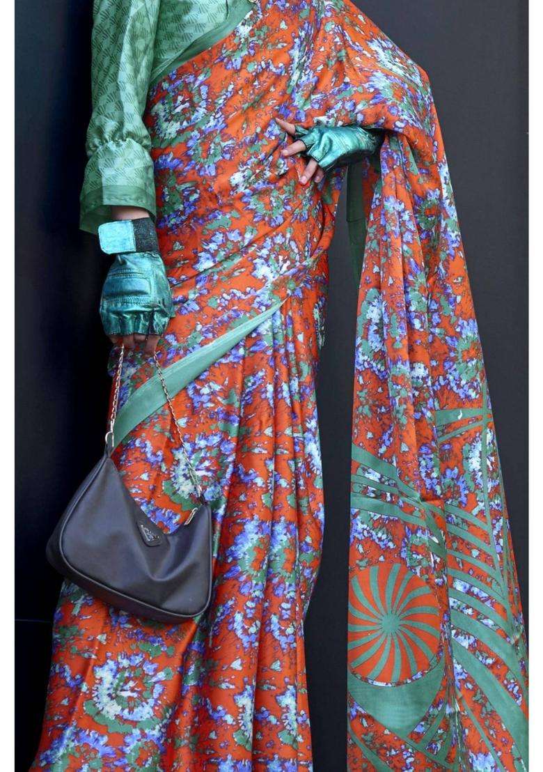 Squach Orange and Green Printed Satin Crepe Silk Saree without Blouse for Women Casual Wear - Indya