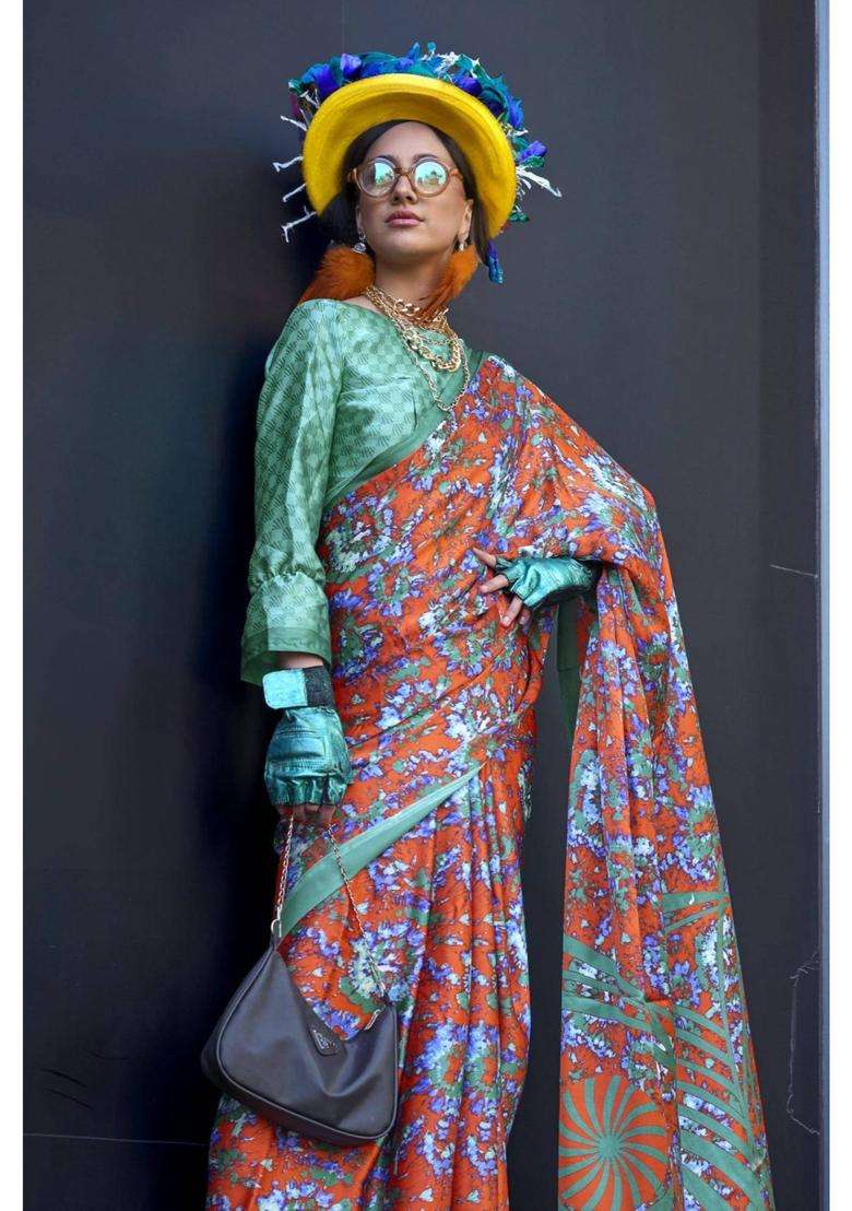 Squach Orange and Green Printed Satin Crepe Silk Saree without Blouse for Women Casual Wear - Indya