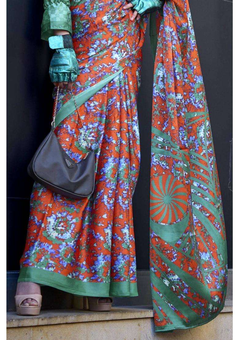 Squach Orange and Green Printed Satin Crepe Silk Saree without Blouse for Women Casual Wear - Indya