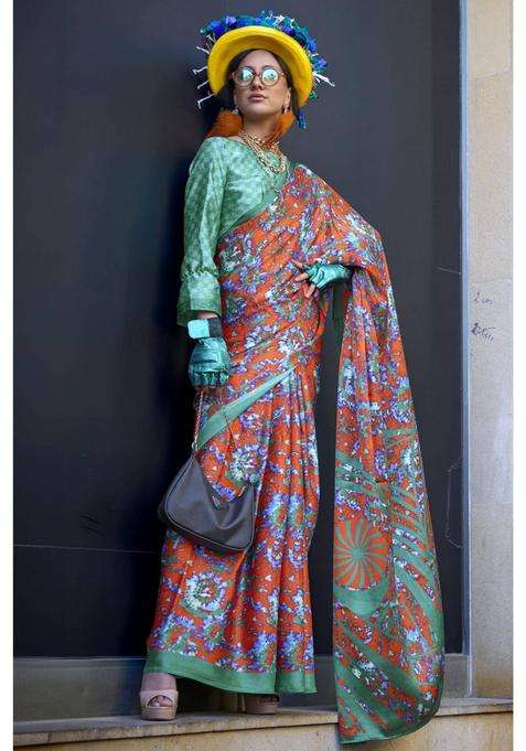 Squach Orange and Green Printed Satin Crepe Silk Saree without Blouse for Women Casual Wear