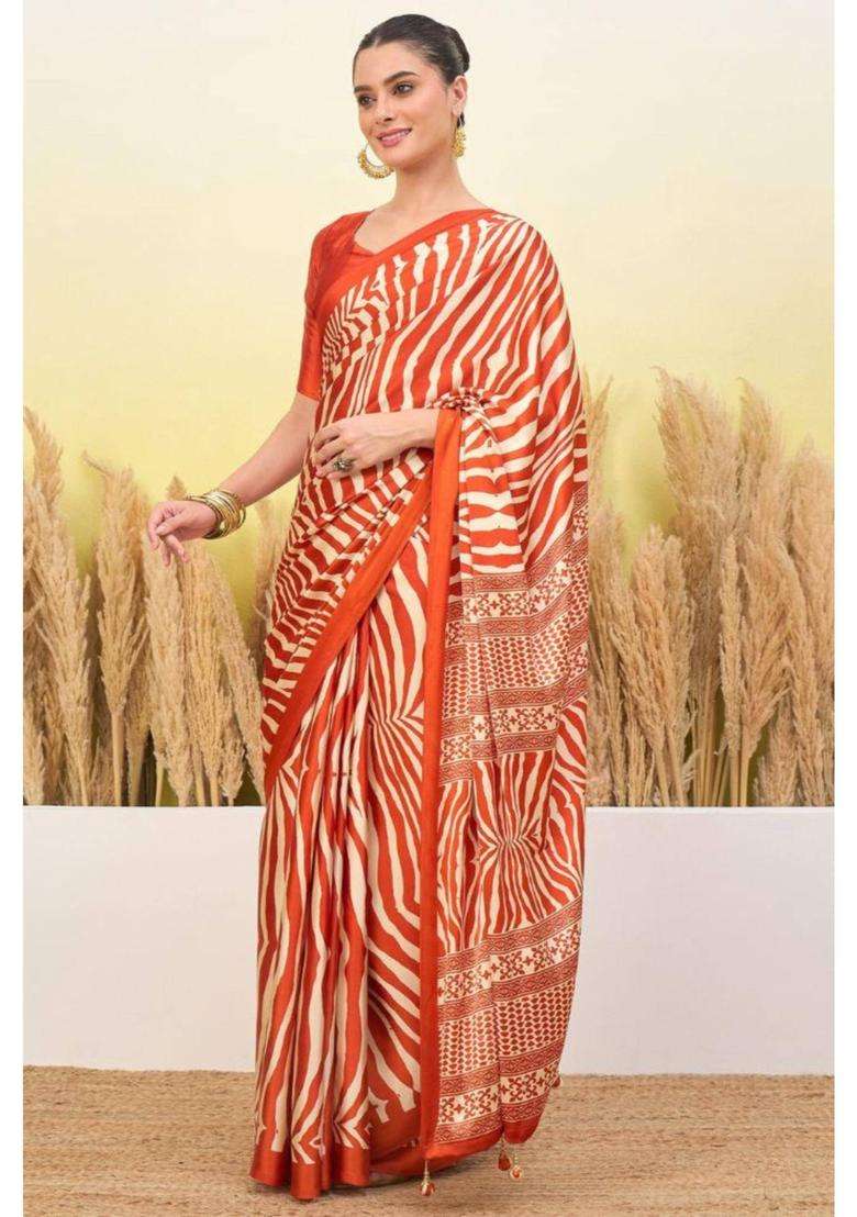 Sunset Orange Modal Ajrakh Satin Printed Silk Saree for Women Casual Wear - Indya