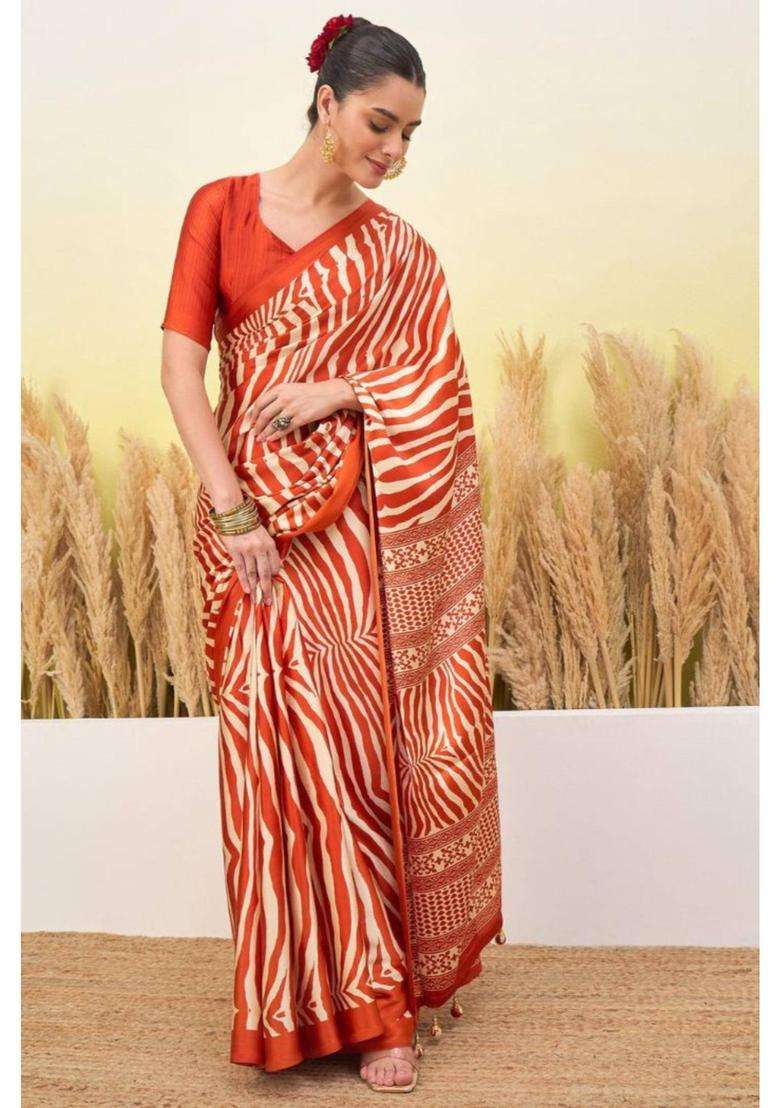 Sunset Orange Modal Ajrakh Satin Printed Silk Saree for Women Casual Wear - Indya