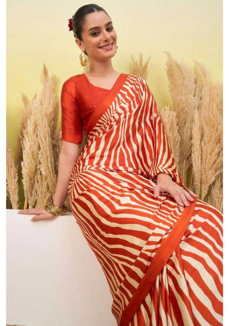 Sunset Orange Modal Ajrakh Satin Printed Silk Saree for Women Casual Wear - Indya