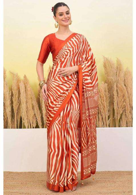 Sunset Orange Modal Ajrakh Satin Printed Silk Saree for Women Casual Wear