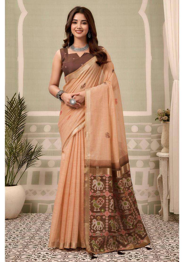 Sunset Peach Patola Pallu Zari Woven Saree with Unstitched Blouse for Women Festive Wear - Indya