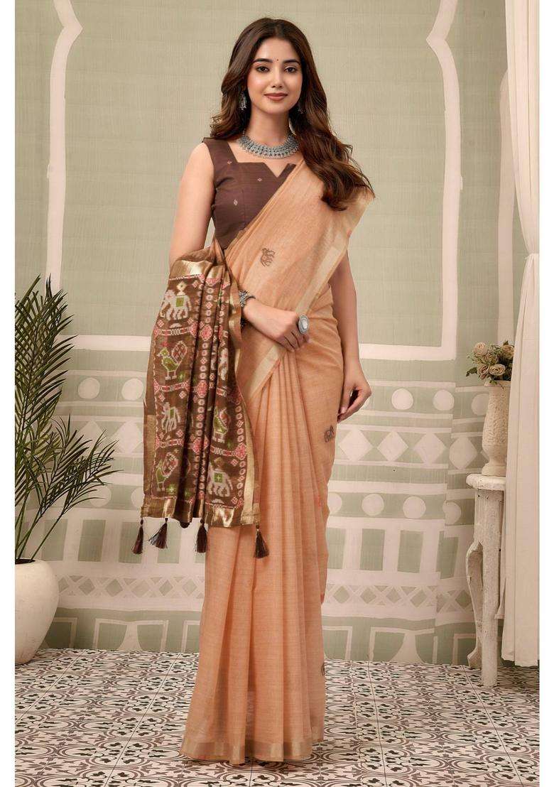 Sunset Peach Patola Pallu Zari Woven Saree with Unstitched Blouse for Women Festive Wear - Indya