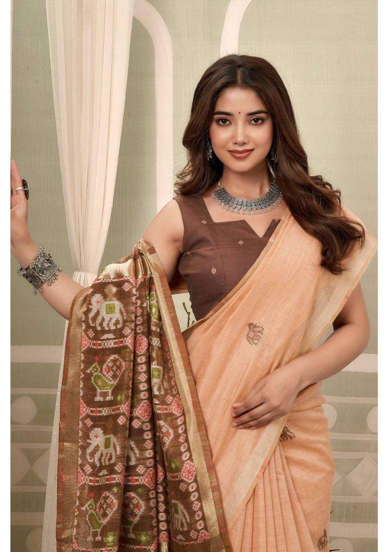 Sunset Peach Patola Pallu Zari Woven Saree with Unstitched Blouse for Women Festive Wear - Indya
