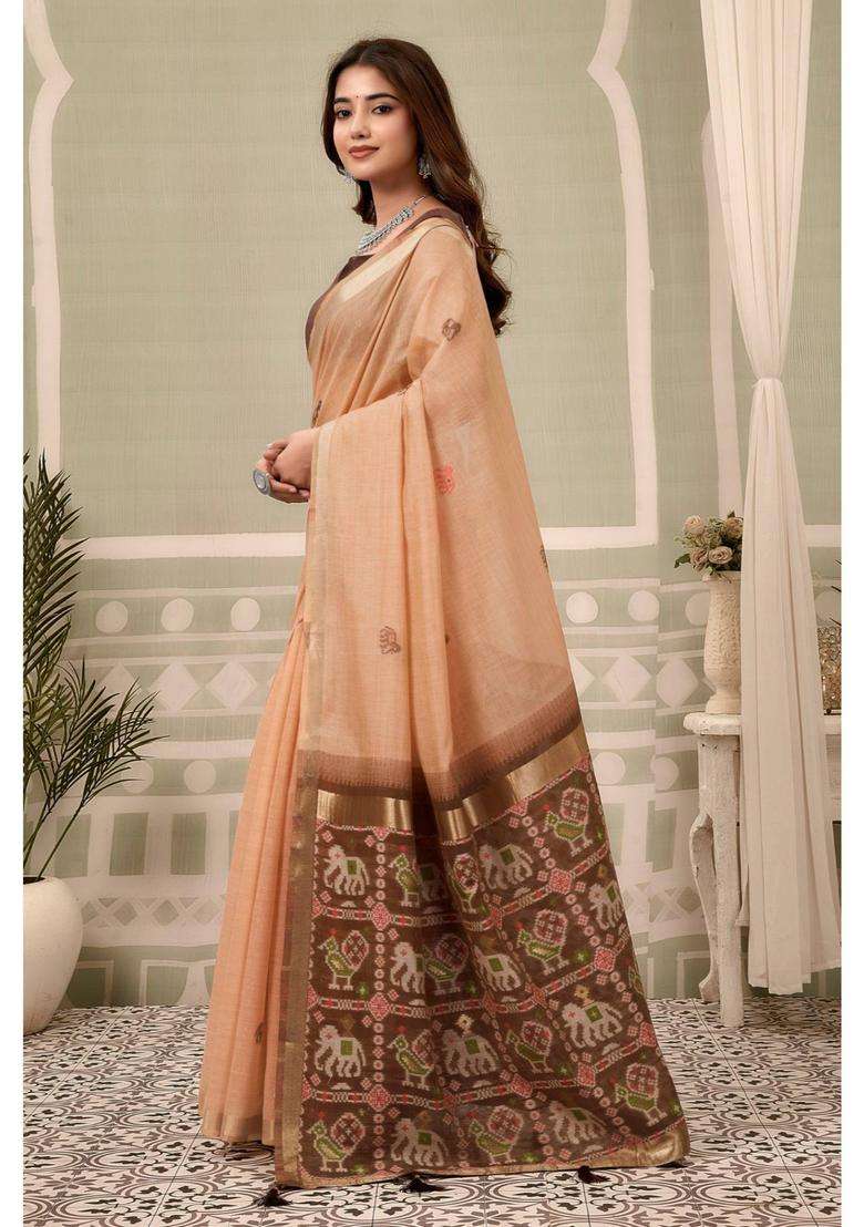 Sunset Peach Patola Pallu Zari Woven Saree with Unstitched Blouse for Women Festive Wear - Indya
