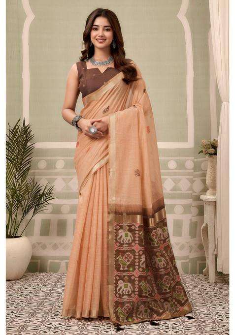 Sunset Peach Patola Pallu Zari Woven Saree with Unstitched Blouse for Women Festive Wear