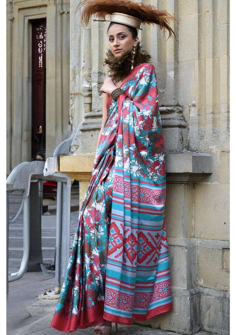 Swim Blue Printed Satin Crepe Silk Saree without Blouse for Women Casual Wear - Indya