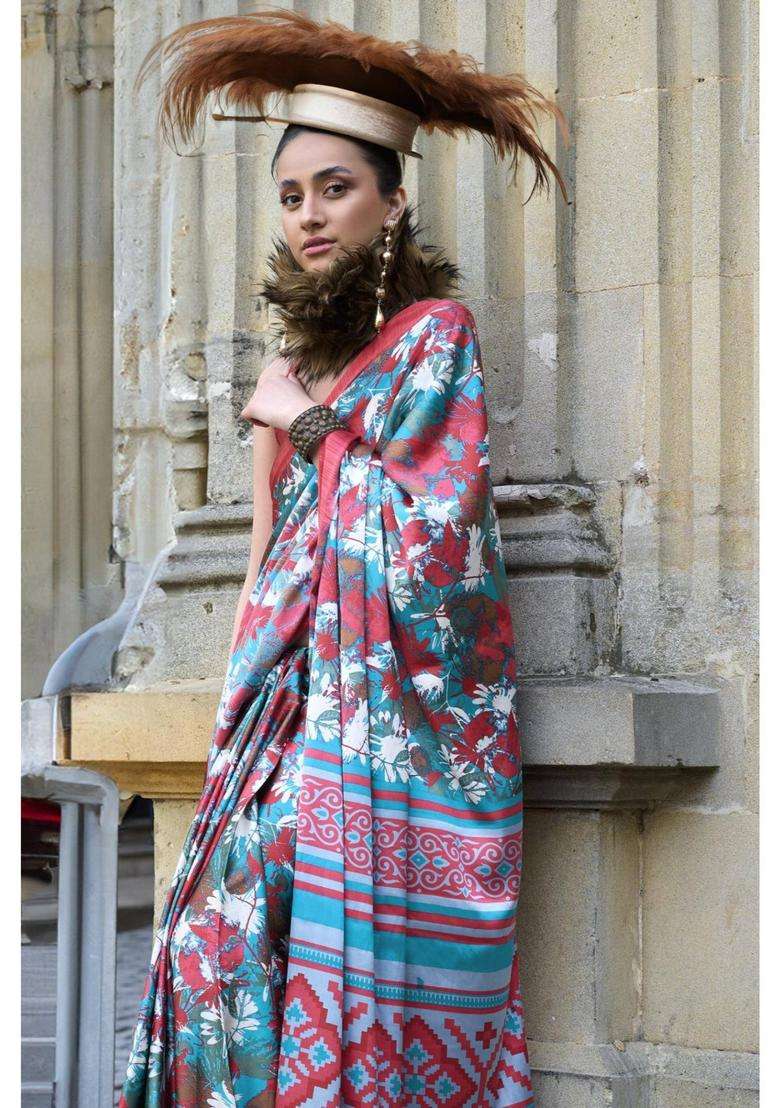 Swim Blue Printed Satin Crepe Silk Saree without Blouse for Women Casual Wear - Indya