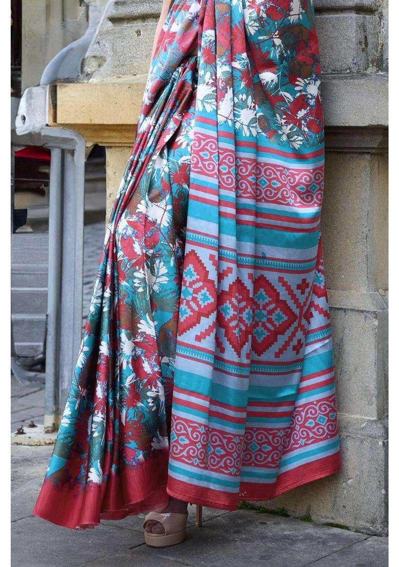 Swim Blue Printed Satin Crepe Silk Saree without Blouse for Women Casual Wear - Indya