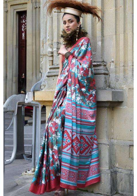 Swim Blue Printed Satin Crepe Silk Saree without Blouse for Women Casual Wear
