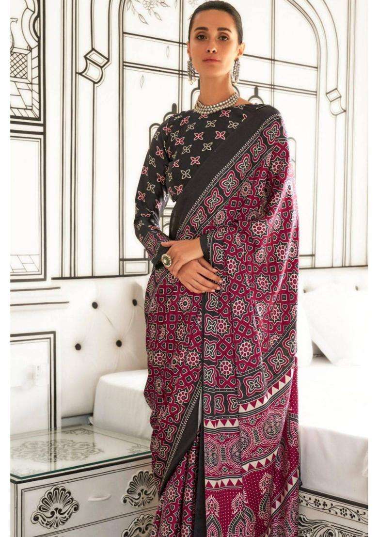 Tawny Port Maroon Printed Ajrakh Satin Crepe Saree without Blouse for Women Festive Wear - Indya