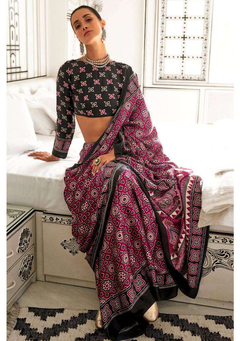 Tawny Port Maroon Printed Ajrakh Satin Crepe Saree without Blouse for Women Festive Wear - Indya