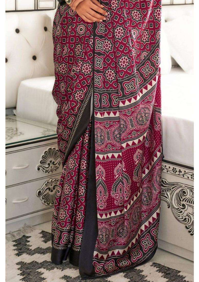 Tawny Port Maroon Printed Ajrakh Satin Crepe Saree without Blouse for Women Festive Wear - Indya