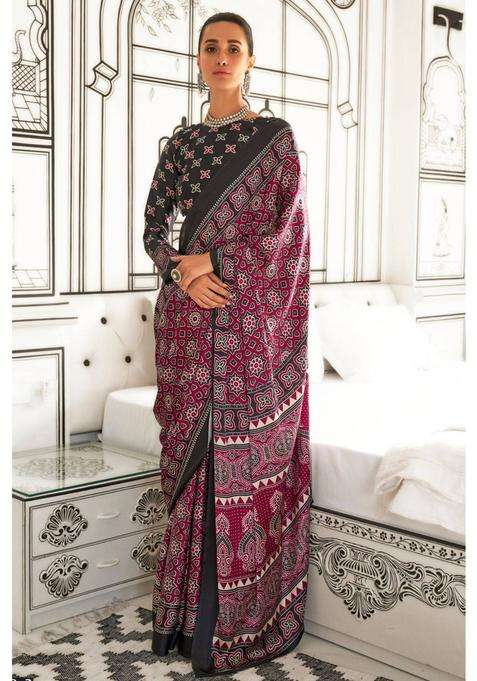 Tawny Port Maroon Printed Ajrakh Satin Crepe Saree without Blouse for Women Festive Wear