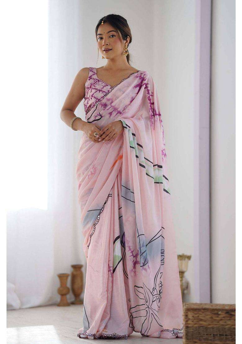 Thistle Pink Digital Printed Chinon Saree with Unstitched Blouse for Women Festive Wear - Indya