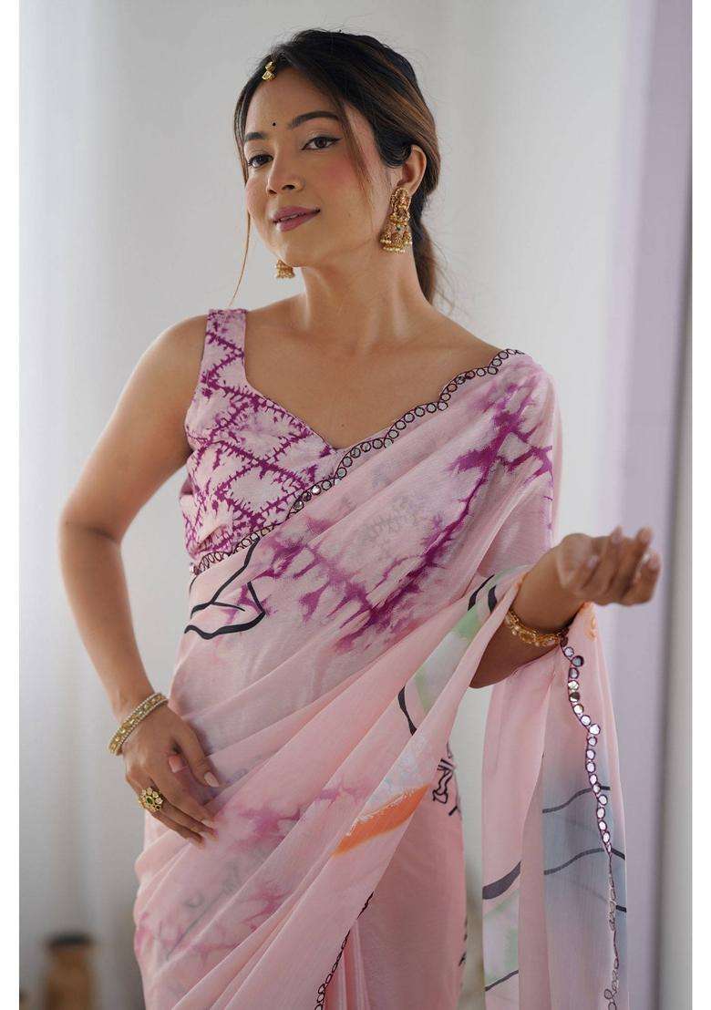 Thistle Pink Digital Printed Chinon Saree with Unstitched Blouse for Women Festive Wear - Indya