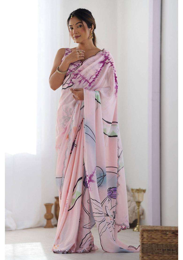 Thistle Pink Digital Printed Chinon Saree with Unstitched Blouse for Women Festive Wear - Indya