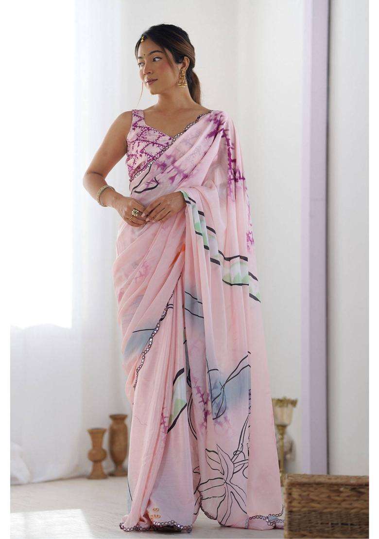 Thistle Pink Digital Printed Chinon Saree with Unstitched Blouse for Women Festive Wear - Indya
