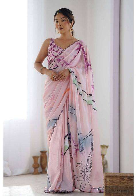 Thistle Pink Digital Printed Chinon Saree with Unstitched Blouse for Women Festive Wear