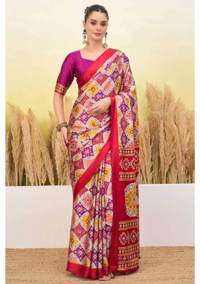 Thistle Purple Patola Printed Satin Crepe Silk Saree for Women Casual Wear - Indya