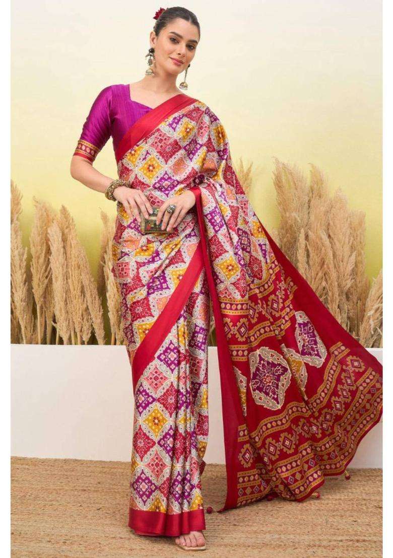 Thistle Purple Patola Printed Satin Crepe Silk Saree for Women Casual Wear - Indya