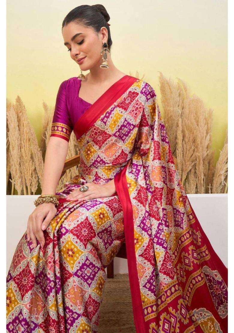 Thistle Purple Patola Printed Satin Crepe Silk Saree for Women Casual Wear - Indya