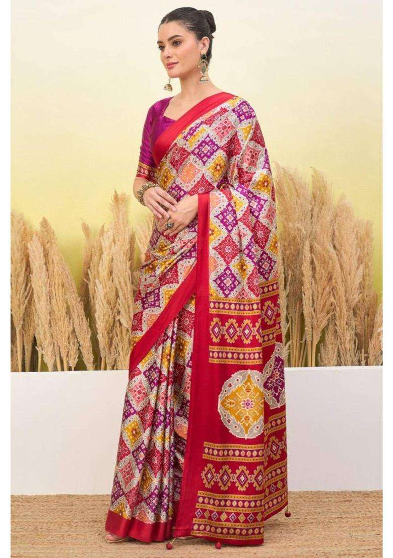 Thistle Purple Patola Printed Satin Crepe Silk Saree for Women Casual Wear - Indya