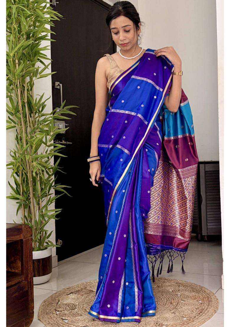 True Purple Modal Ajrakh Satin Printed Silk Saree with Unstitched Blouse for Women Festive Wear - Indya