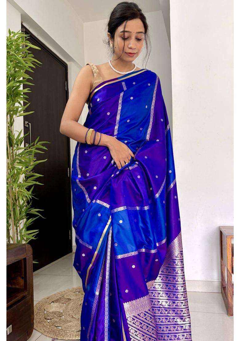 True Purple Modal Ajrakh Satin Printed Silk Saree with Unstitched Blouse for Women Festive Wear - Indya