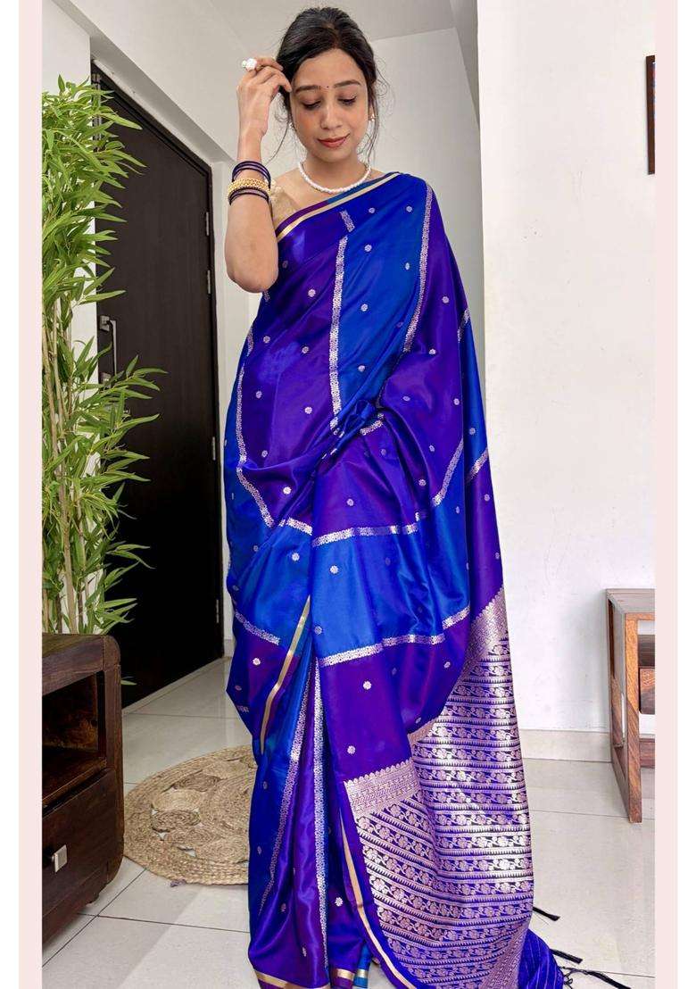 True Purple Modal Ajrakh Satin Printed Silk Saree with Unstitched Blouse for Women Festive Wear - Indya