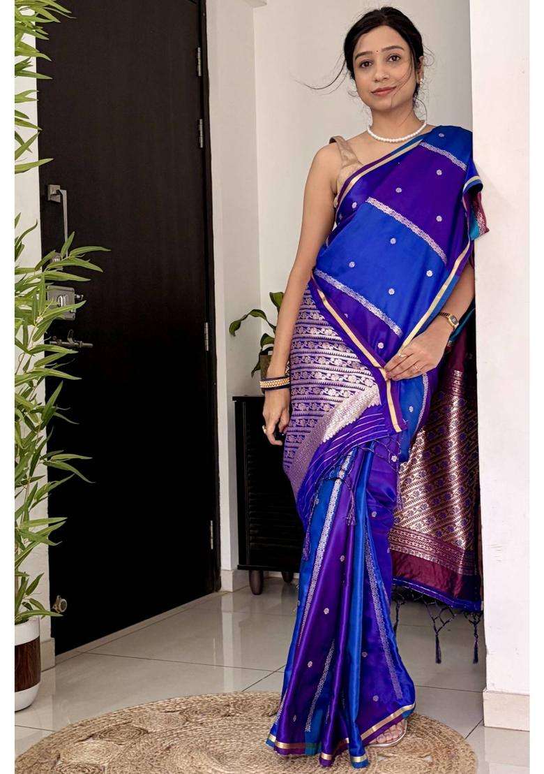 True Purple Modal Ajrakh Satin Printed Silk Saree with Unstitched Blouse for Women Festive Wear - Indya