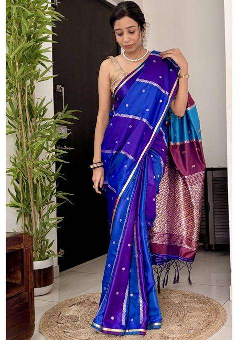 True Purple Modal Ajrakh Satin Printed Silk Saree with Unstitched Blouse for Women Festive Wear