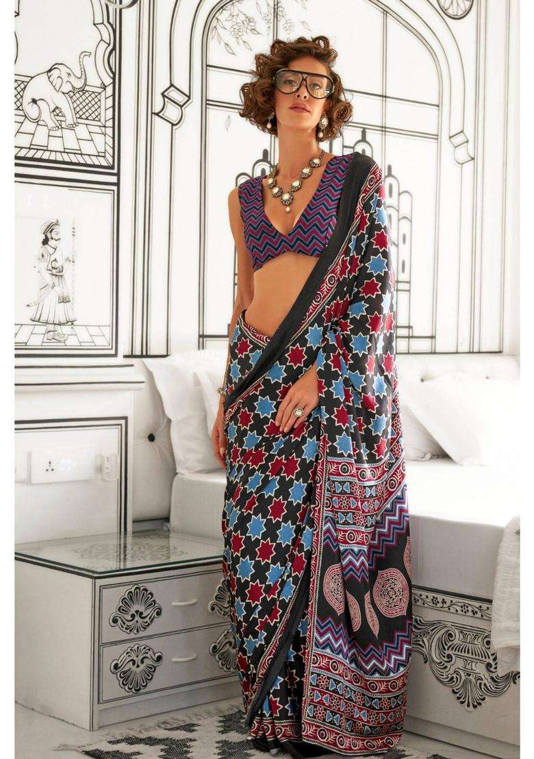 Black and Blue Printed Ajrakh Satin Crepe Saree without Blouse for Women Festive Wear - Indya