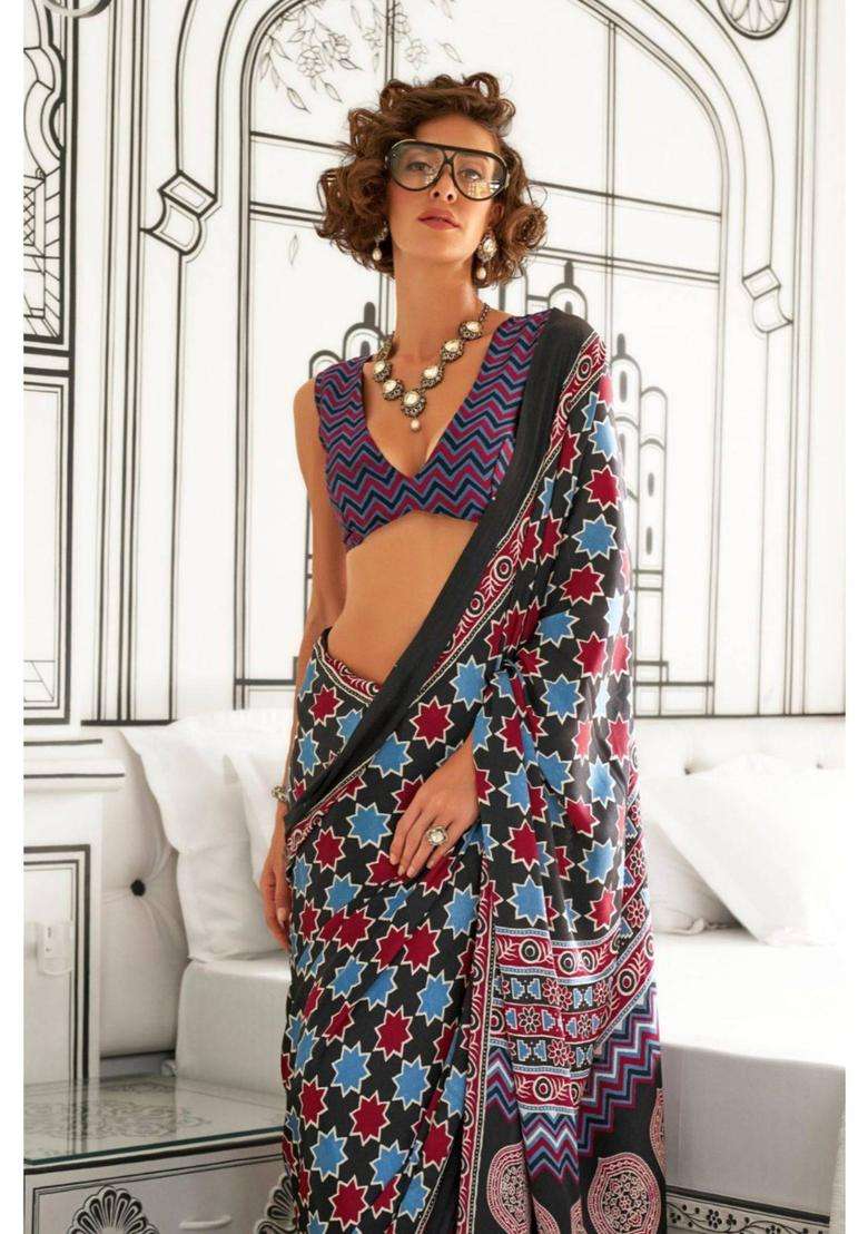 Black and Blue Printed Ajrakh Satin Crepe Saree without Blouse for Women Festive Wear - Indya