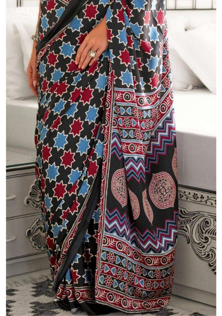 Black and Blue Printed Ajrakh Satin Crepe Saree without Blouse for Women Festive Wear - Indya