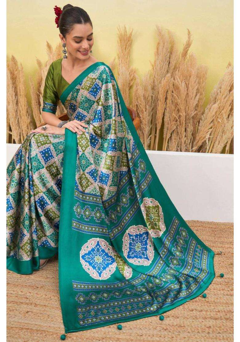 Turquoise Blue Patola Printed Satin Crepe Silk Saree for Women Casual Wear - Indya
