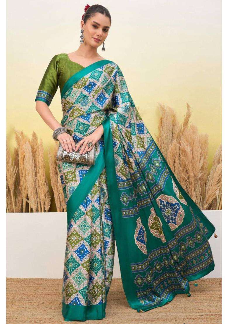 Turquoise Blue Patola Printed Satin Crepe Silk Saree for Women Casual Wear - Indya