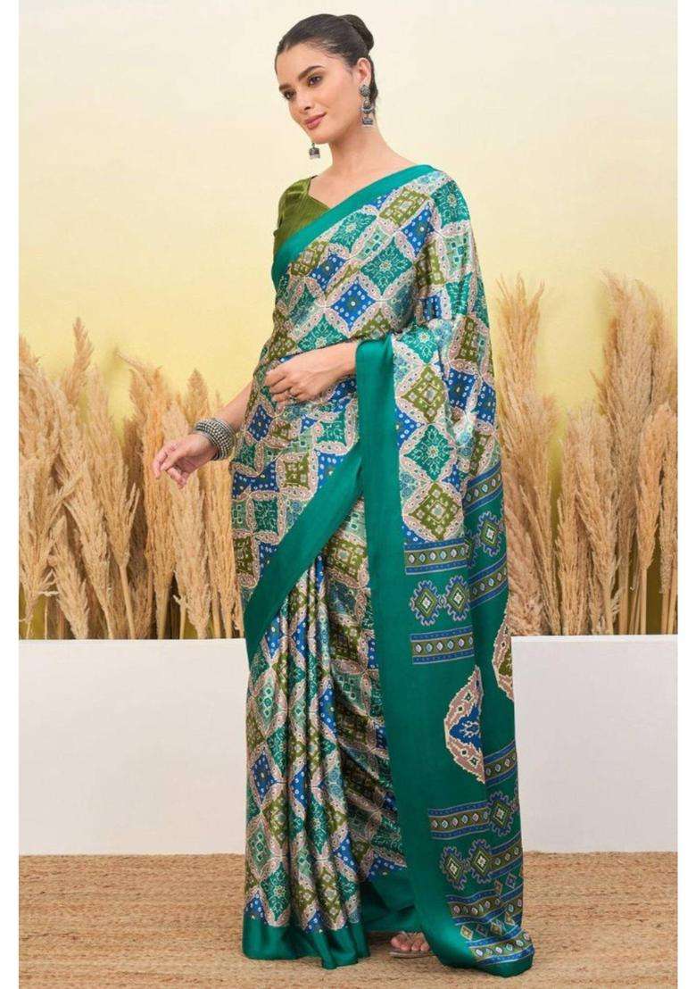 Turquoise Blue Patola Printed Satin Crepe Silk Saree for Women Casual Wear - Indya